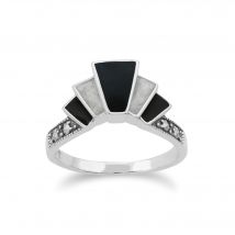 Art Deco Style Marcasite & Black and White Enamel Gradient Fan Ring in 925 Sterling Silver