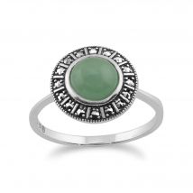 Art Deco Style Round Green Jade Cabochon & Marcasite Halo Ring in 925 Sterling Silver