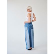 High Waisted Upcycled Patchwork Denim Long Skirt with Slit