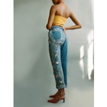 High Waisted Recycled Colourful Asymmetrical Embroidery Blue Jeans