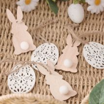 6 Wooden Bunny & Egg Hanging Decorations