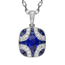 18ct White Gold Sapphire and Diamond Cluster Art Deco Necklace - White Gold