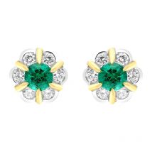 18ct White Yellow Gold 0.18ct Emerald 0.28ct Diamond Cluster Stud Earrings