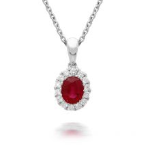 18ct White Gold Ruby Diamond Oval Cluster Necklace - Option1 Value White Gold