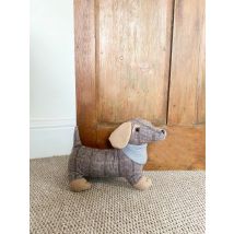 Brown Herringbone Fabric Sausage Dog Doorstop