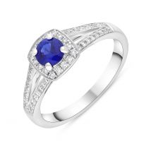18ct White Gold 0.50ct Sapphire 0.25ct Diamond Cushion Cut Cluster Ring - N