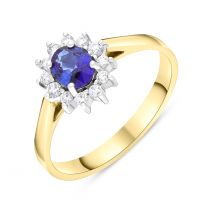 18ct Yellow Gold 0.43ct Sapphire 0.12ct Diamond Oval Claw Cluster Ring - L