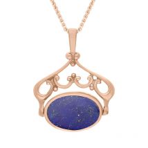 18ct Rose Gold Whitby Jet Lapis Lazuli Double Sided Oval Swivel Fob Necklace - Rose Gold