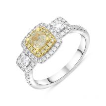 18ct White Gold Yellow and White Diamond Triple Cluster Ring - White Gold