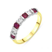 18ct Yellow Gold Ruby Diamond Seven Stone Bar Set Ring - Yellow Gold