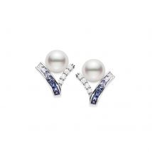 Mikimoto 18ct White Gold Akoya Pearl 1.05ct Sapphire & 0.29ct Diamond Ocean Earrings