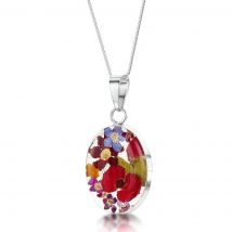 Shrieking Violet Sterling Silver Mixed Flower Medium Oval Necklace - Option1 Value Silver