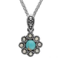 Sterling Silver Turquoise Marcasite Pearl Rounded Bead Edge Pendant Necklace - Silver