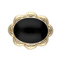 9ct Yellow Gold Whitby Jet Oval Scalloped Edge Brooch - Yellow Gold