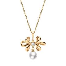 Mikimoto 18ct Rose Gold Diamond White Akoya Pearl Bow Necklace D - Silver