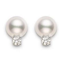 Mikimoto 18ct Yellow Gold Diamond 7mm White AA Akoya Pearl Stud Earrings - Yellow Gold