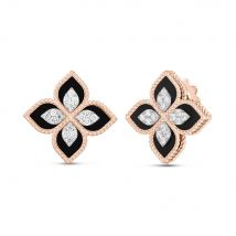Roberto Coin Princess Flower 18ct Rose Gold Diamond Black Jade Stud Earrings