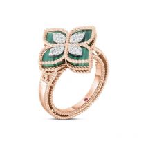 Roberto Coin Princess Flower 18ct Rose Gold Diamond Malachite Ring - 14-(54)