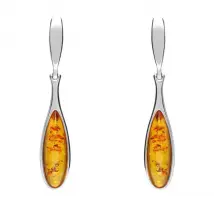 Sterling Silver Amber Long Slim Pear Drop Stud Earrings - Silver