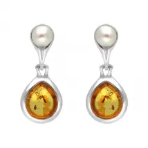 Sterling Silver Amber Pearl Drop Earrings - Silver