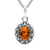 Sterling Silver Baltic Amber Framed Oval Necklace - Silver