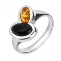 Sterling Silver Whitby Jet Amber Double Marquise Ring - Silver