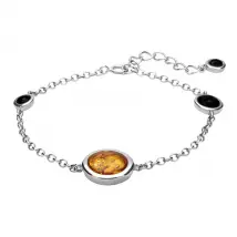 Sterling Silver Whitby Jet Amber Round Four Stone Bracelet - Silver