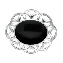 Sterling Silver Whitby Jet Large Flower Brooch - Silver