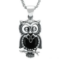 Sterling Silver Whitby Jet Small Owl Necklace - Silver