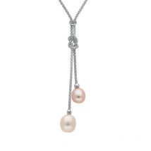 Sterling Silver White Peach Pearl Two Stone Knot Drop Necklace D - Silver