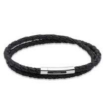 Unique & Co Stainless Steel Black Leather Double Bracelet