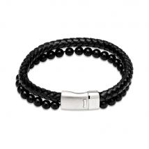 Unique & Co Stainless Steel Two Row Leather Onyx Bracelet