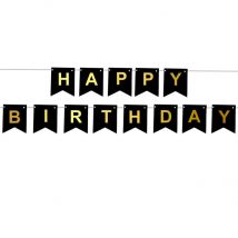 Happy Birthday Vlaggen - Zwart - 190cm