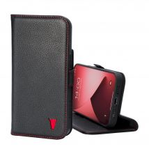 iPhone 12 Mini Leather Case (with Stand function) - Black with Red Detail