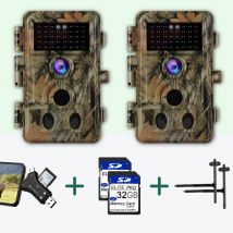 Pack x2 Caméra Piège Photo Nocturne Vision 32MP 1296P,Détection de Mouvement + x2 cartes SD 32Go + x2 Supports Fixation + Lecteur carte SD|A262 Vert