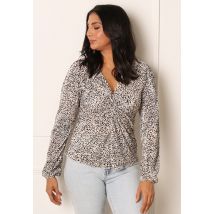 JDY Cita Animal Print Plisse V Neck Twist Front Top with Long Sleeves in Cream & Black - M