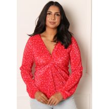JDY Cita Animal Print Plisse V Neck Twist Front Top with Long Sleeves in Red & Pink - L