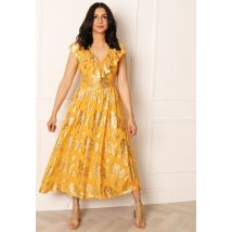 VILA Jaya Floral Print Frill Edge Midi Dress in Yellow & Gold Foil - UK8
