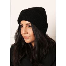 PIECES Fluffy Alpaca Knit Ribbed Turn Up Beanie Hat in Black