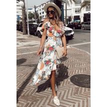 Strappy Cold Shoulder Frill Wrap Midi Dress with Floral & Bird Print in Cream, Pink & Orange - UK10