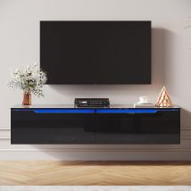SIRHONA Meuble TV éclairage LED 16 couleurs réglables, plateau TV brillant