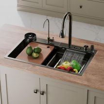 SIRHONA 1 Bac Évier de Cuisine Noir Multifonctionnel à Encastrer Avec Robinet de Poisson Volant Rétractable & Affichage de la Température 80x45cm