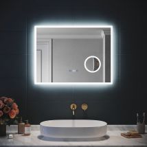 SIRHONA 3X loupe Miroir LED Salle de Bain avec éclairage, Miroir avec Horloge Numérique, Miroir Lumineux Salle de Bain Anti-Buée, 80/100x60cm