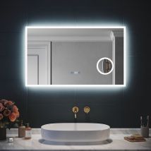 SIRHONA 3X loupe Miroir LED Salle de Bain avec éclairage, Miroir avec Horloge Numérique, Miroir Lumineux Salle de Bain Anti-Buée, 80/100x60cm