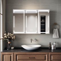 SIRHONA Armoire de toilette avec éclairage 3 couleurs de lumière réglable et antibuée Armoire de toilette 3 portes avec charnières sans fil Design et prise de courant 90x60x14 cm blanc