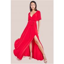 Goddiva Wrap Front Maxi With Flutter Sleeves - Red