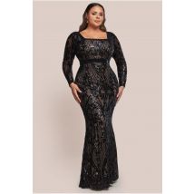 Goddiva Plus Sequin Square Neck Maxi With Scallop Hem - Black