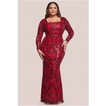 Goddiva Plus Sequin Square Neck Maxi With Scallop Hem - Red