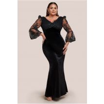 Goddiva Plus Scalloped Lace & Velvet Maxi Dress - Black