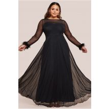 Goddiva Plus Dobby Mesh Feather Sleeve Hem Maxi Dress - Black